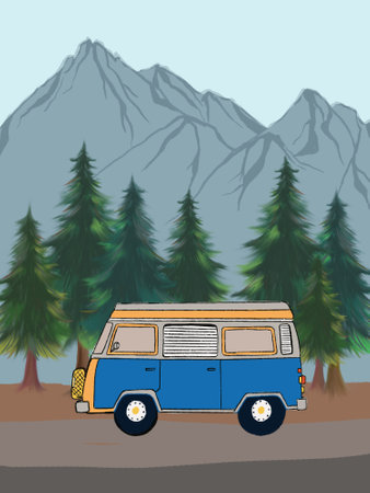 Camping with van, rocky mountains, pine forests, campfires, hiking backpacks, direction signs, caravans outdoor tourism sceneの写真素材