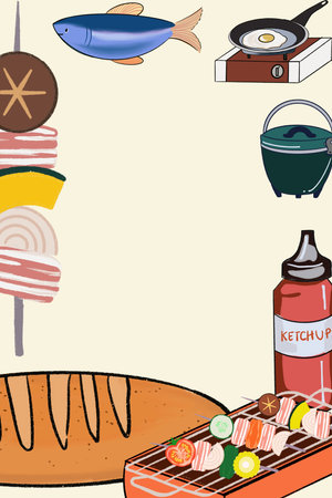 Barbecue party fresh vegetable meat sausage bacon grill fire outdoor holiday weekend doodle characterの写真素材