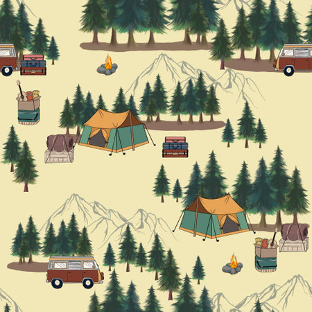 Camping caravan background seamless pattern tourist travelling explore drawing painting for fabric fashion, wallpaper, decor interiorの写真素材