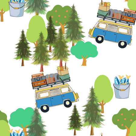 Camping caravan background seamless pattern tourist travelling explore drawing painting for fabric fashion, wallpaper, decor interiorの写真素材