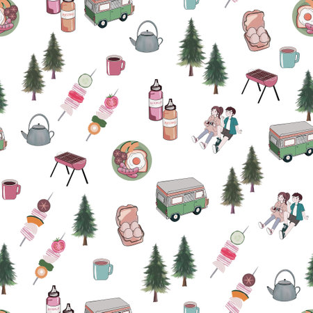 Camping caravan background seamless pattern tourist travelling explore drawing painting for fabric fashion, wallpaper, decor interiorの写真素材
