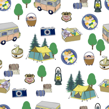 Camping caravan background seamless pattern tourist travelling explore drawing painting for fabric fashion, wallpaper, decor interiorの写真素材