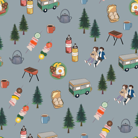 Camping caravan background seamless pattern tourist travelling explore drawing painting for fabric fashion, wallpaper, decor interiorの写真素材