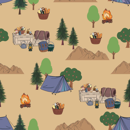Camping caravan background seamless pattern tourist travelling explore drawing painting for fabric fashion, wallpaper, decor interiorの写真素材