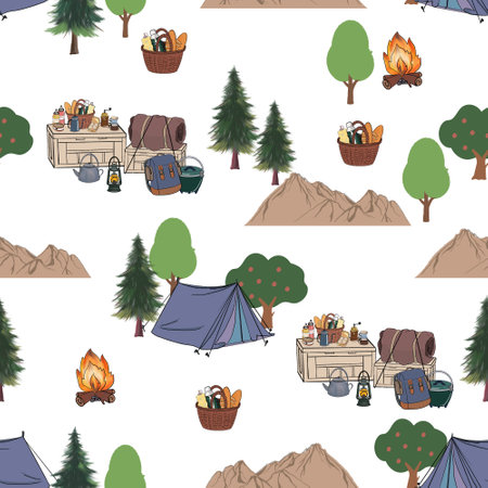 Camping caravan background seamless pattern tourist travelling explore drawing painting for fabric fashion, wallpaper, decor interiorの写真素材