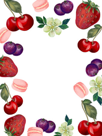 Ingredients Fruit Citrus Berry ripe garden countryside birtday party watercolor illustration frame cardの写真素材
