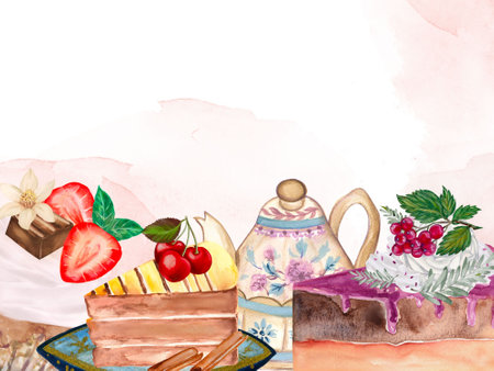 Traditional culture food dessert bakery and fruit teapot teacup teatime greetings cardの写真素材
