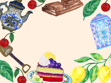 Traditional culture food dessert bakery and fruit teapot teacup teatime greetings cardの写真素材