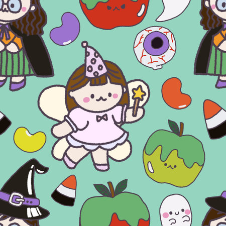 Seamless Halloween pattern. digital clipart illustration of Halloween party.witch,monster, ghost, bat, black cat and pumpkin. doodle character cartoon repeat pattern.の写真素材
