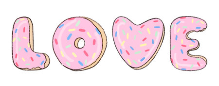 Donut Love pink color cartoon drawing illustration doodle elements isolated  for sticker, valentine cardの写真素材