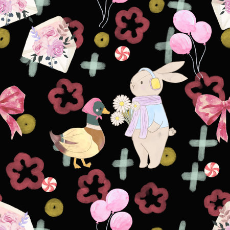 Watercolor duck and bunny easter animal woodland zoo farmer  party cute doodle cartoon style seamless pattern Ideal kids design for fabric, wrapping, textile, wallpaper, apparelの写真素材