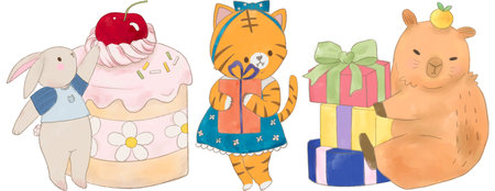 Happy birthday concept animal set. Collection of adorable ribbon dessert balloon. Birthday party funny elements doodle watercolor character illustration for greeting card, invitation, kid, education, prints.の写真素材
