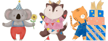 Happy birthday concept animal set. Collection of adorable ribbon dessert balloon. Birthday party funny elements doodle watercolor character illustration for greeting card, invitation, kid, education, prints.の写真素材