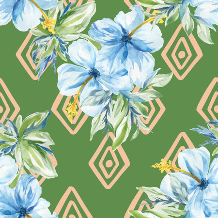 Summer exotic jungle tropical Hibiscus floral plants pattern folk watercolors, perfect for textiles and decorationの写真素材