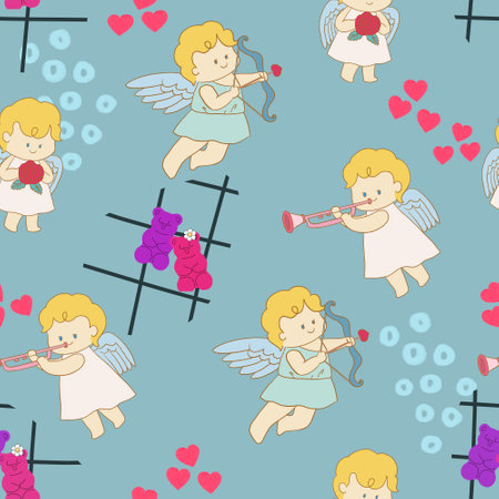 Retro happy cupid Valentines day. Comic happy heart character doodle cute kid in trendy seamless pattern backgroundの写真素材