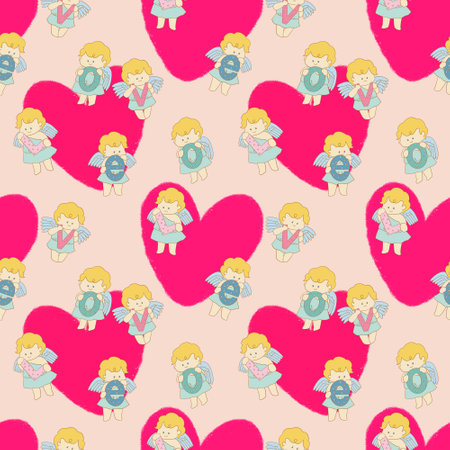 Retro happy cupid Valentines day. Comic happy heart character doodle cute kid in trendy seamless pattern backgroundの写真素材