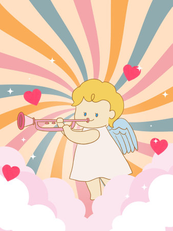 Set retro doodle character cute cupid eros angel with heart and abstract background. Happy Valentines Day.の写真素材
