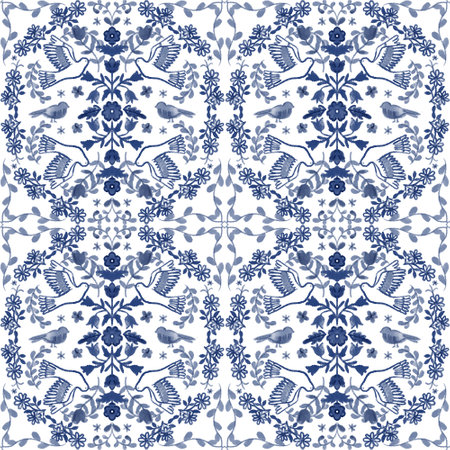 Sicilian Majolica Vintage Blue mediterranean tile Azulejo tile pattern, Portuguese Spanish Italian traditional hand paintの写真素材