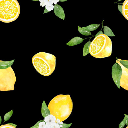 Seamless pattern watercolor with citrus lemon fruit white flower background print  illustration design for paper, covers, cards, fabrics, interiorの写真素材