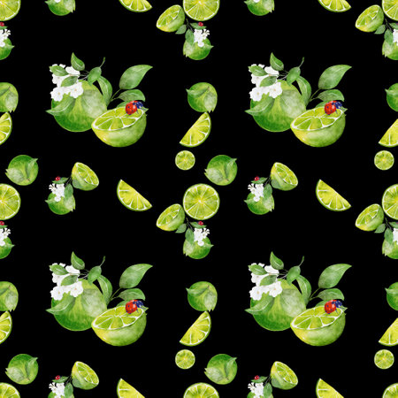 Seamless pattern watercolor with citrus lime fruit with green leaves background print  illustration design for paper, covers, cards, fabrics, interiorの写真素材
