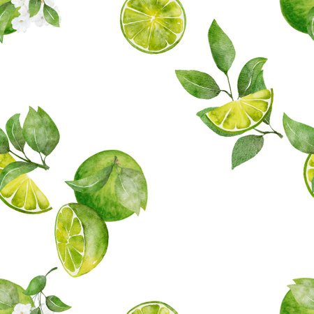 Seamless pattern watercolor with citrus lime fruit with green leaves background print  illustration...