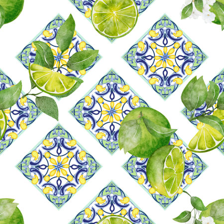 Watercolor seamless pattern sicilian traditional with branches ripe lime. Hand painted citrus ornament for design, fabric or print.の写真素材