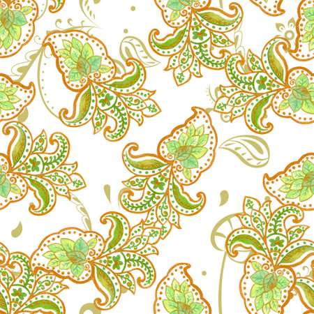 Paisley seamless pattern of vintage foliage, flowers, ethnic  traditional golden outline for interior, fashion print, cardの写真素材