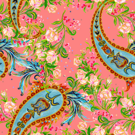 Watercolor little Rose blossom pattern, traditional Indian paisley arrangement seamless background for fasion, interior, invitationの写真素材