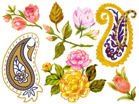 Fantasy flowers in retro, vintage, Rose jacobean embroidery paisley style watercolor illustration arrangement on white backgroundの写真素材