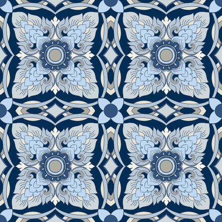 illustration Royal indigo blue Porcelain Thai flower traditional ornamental retro style design for...
