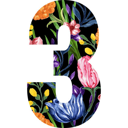 Number set with watercolor flowers and leaf. Perfectly for wedding, birthday invitations, greeting card. Floral design hand painting.の写真素材