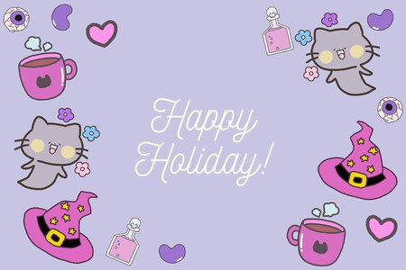 Halloween frame border ghost cat witchcraft. Happy Halloween party template poster, greetings invitation cardの写真素材