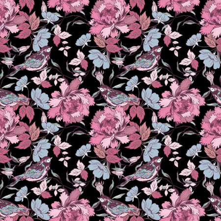 Traditional Pink Chinoiseries Style Peonies flower and Little bird  couple eastern asian Garden forest Blossom blooming retro ancient seamless pattern for scarves, fashion fabric, greetings cardの写真素材