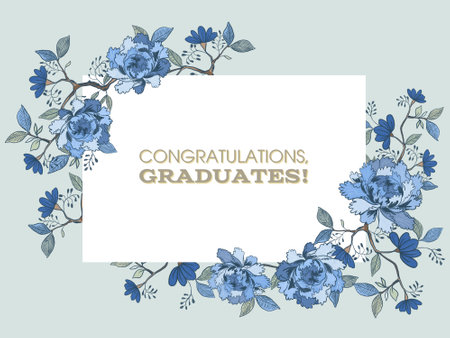 Greeting card. Bloom. Chinoiserie. Horizontal frame. Vintage floral illustration. Blue and white for greetings card, postcardの写真素材