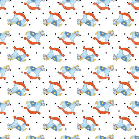Christmas new year  in cartoon style. Holiday gifts,rocking horse Holiday seasonal  illustrations repeat patternの写真素材