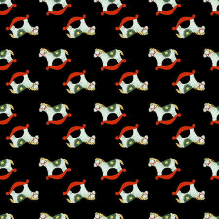 Christmas new year  in cartoon style. Holiday gifts,rocking horse Holiday seasonal  illustrations wallpaper patternの写真素材