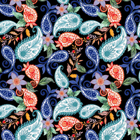 Fantasy flowers in retro, vintage, paisley jacobean damask embroidery style. Seamless pattern, black backgroundの写真素材