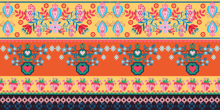 Template colorful horizontal motif folk tribal symbol pattern greeting card, valentine flower heart...