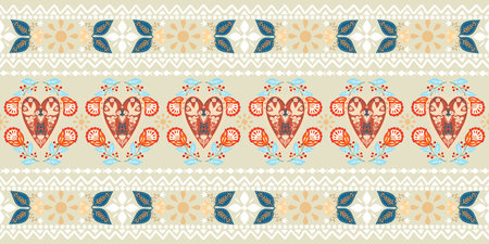 Template colorful horizontal motif folk tribal symbol pattern greeting card, valentine flower heart...