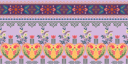 Template colorful horizontal motif folk tribal symbol pattern greeting card, valentine flower heart...