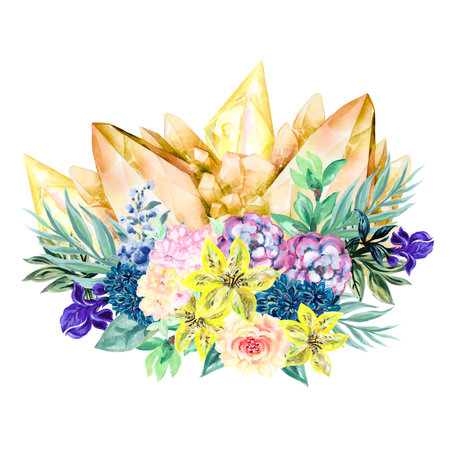 Watercolor crystal jewelry gemstones, leaves, florals, rose flower, and frames for manifestation journal decor, sticker, label hand paintの写真素材