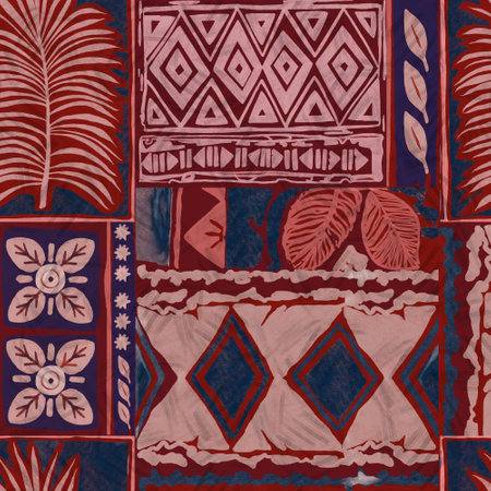 Hawaiian style botanical symbol and traditional fabric patchwork wallpaper abstract vintage ...