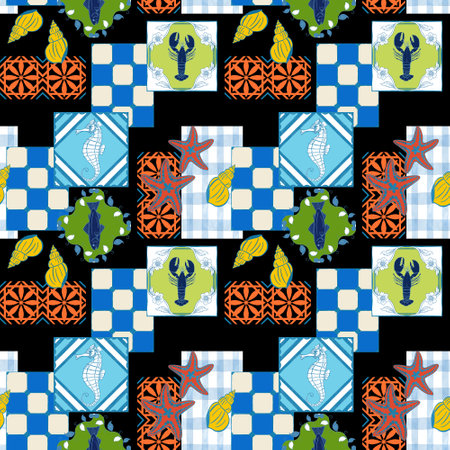 Blue tile summer seamless pattern. Abstract Nautical Symbol mosaic background. Geometric square...