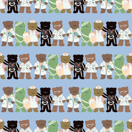 Medicine, healthcare and pandemic concept. doodle character bear doctor, nurse, lab science seamless pattern decoration print fashiom,wrapping,interior for kidsの写真素材