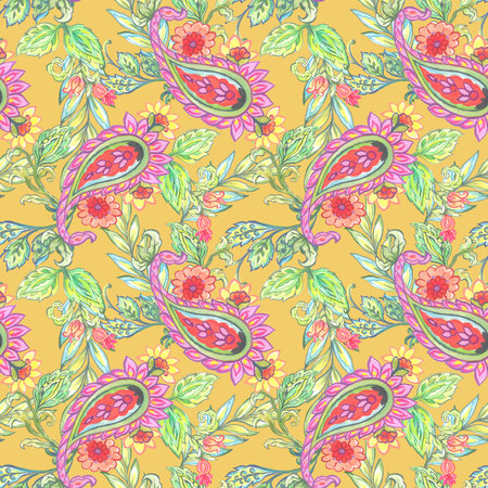 Abstract drawing textile design, arrangement with multicolor damask jacobean paisley and batik flower seamless pattern illustration digital image printingの写真素材