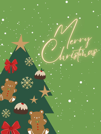 Cute doodle Christmas New year party invitation greetings card design with evergreen garland holiday seasonal festiveの写真素材