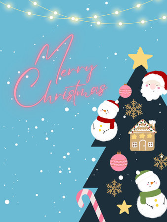 Cute doodle Christmas New year party invitation greetings card design with evergreen garland holiday seasonal festiveの写真素材