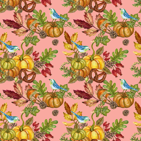 Woodland Cute Fox Little Bird with Pumpkins and Mushrooms Autumn Seamless Pattern for interior, fashionの写真素材