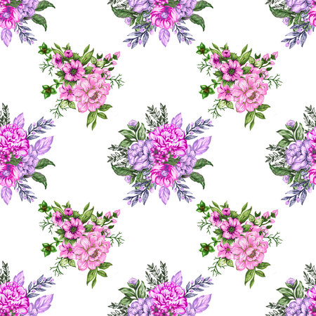 Botanical meadow field wildflower leaves branches seamless pattern for wedding design watercolor gouache hand paintの写真素材