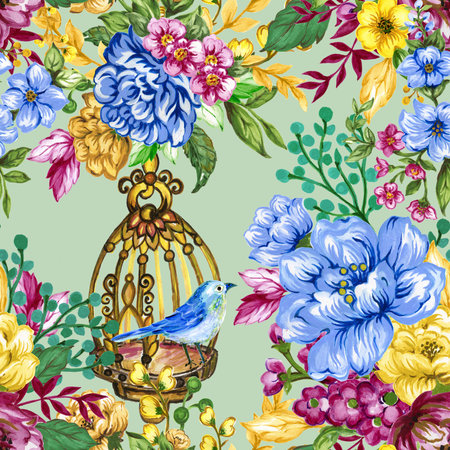 Peony rose with small flowers vintage style, hand drawn, seamless romantic background. Designed for fabric, fashion, textiles, wallpaper, gift wrap.の写真素材